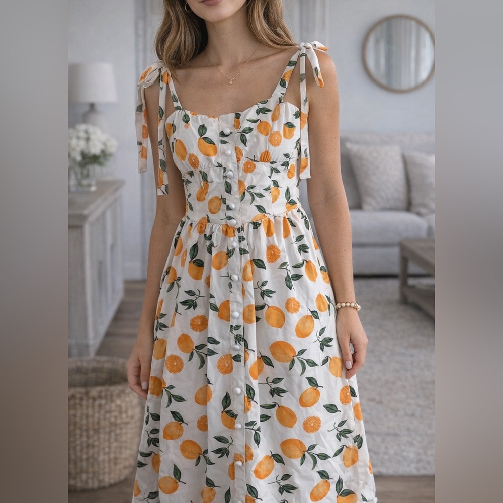 SHEINMOD Women M Lemon Print Midi Dress Cottagecore Summer Tie Strap Sundress